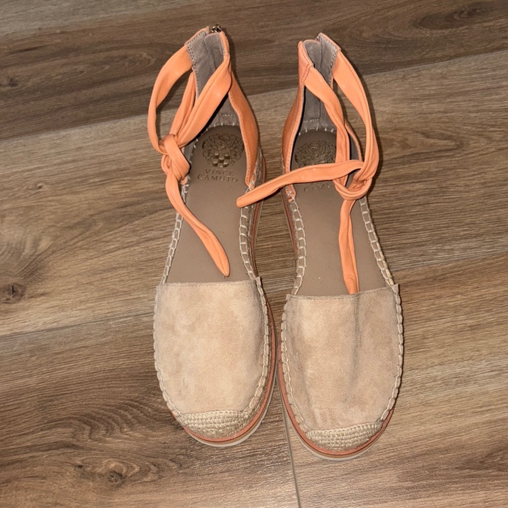 Vince Camuto Tan and Orange Espadrilles, size 9 1/2m.